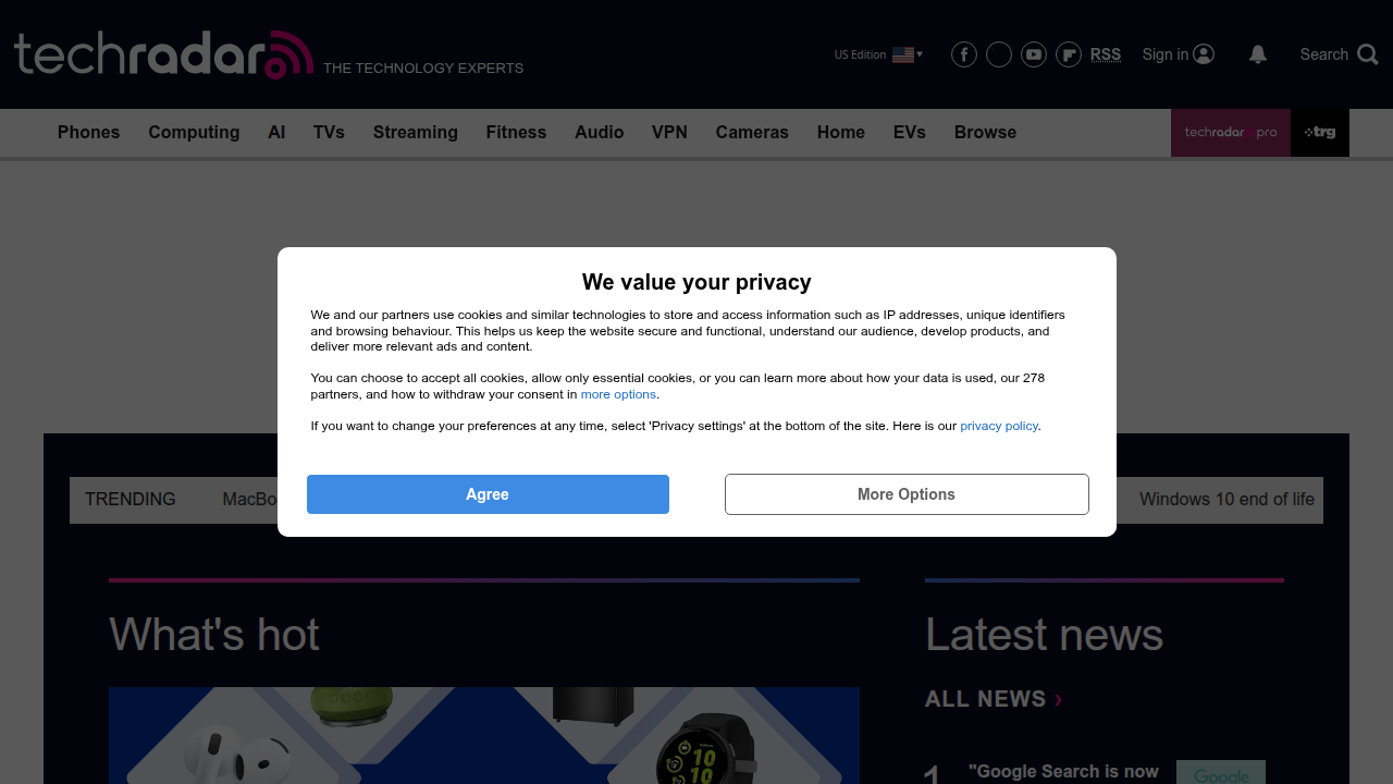 The homepage of TechRadar, a popular source for technology news, reviews, and streaming service updates.