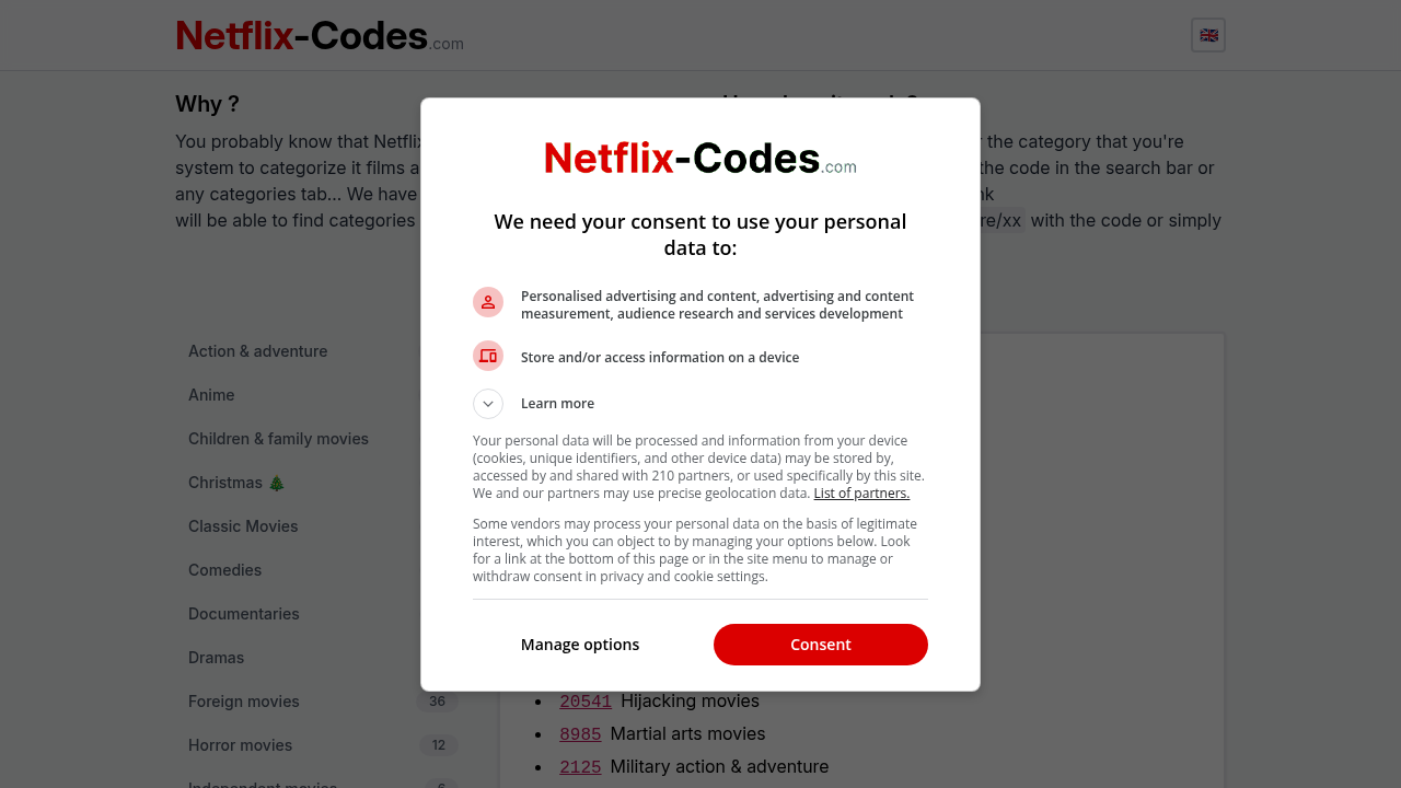 The Netflix Codes website, a valuable resource for discovering hidden genre categories within Netflix.