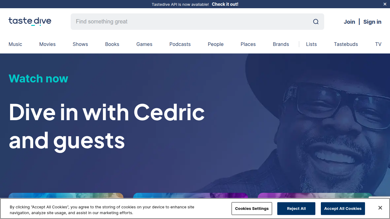 The TasteDive website, an engine for discovering similar movies, music, and more based on user input.