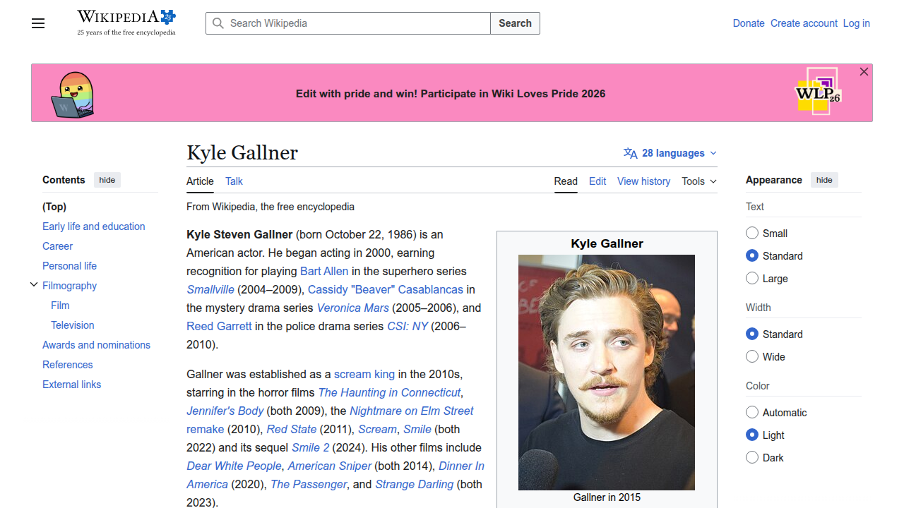 Explore Kyle Gallner's extensive filmography and career milestones on his official Wikipedia page.