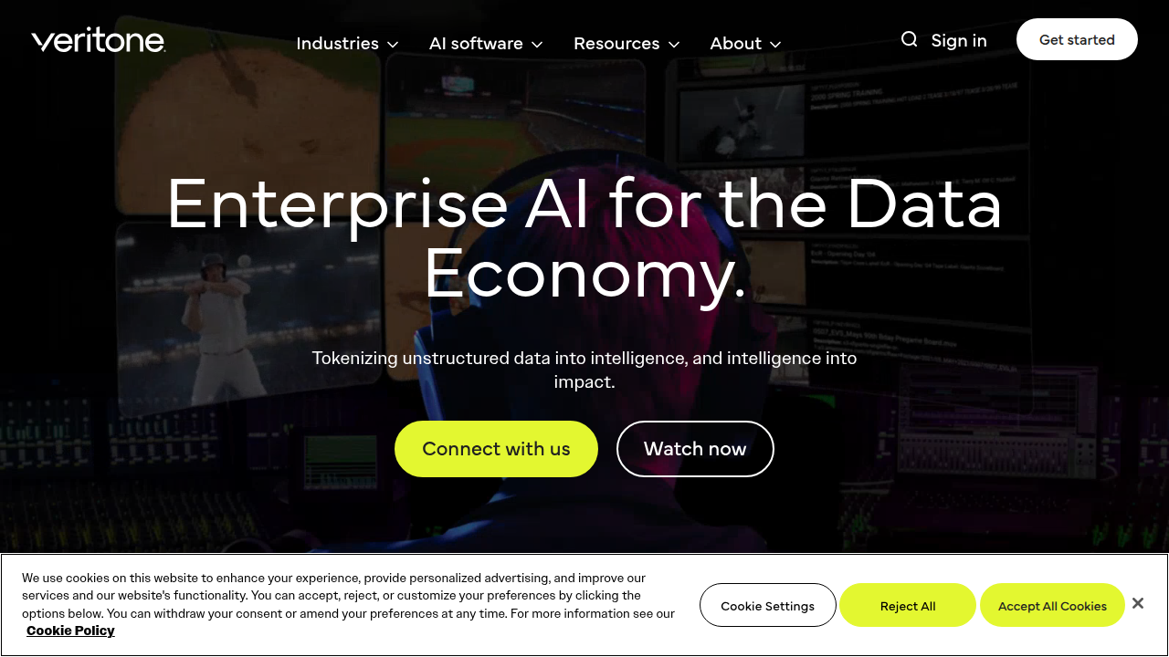 Veritone's homepage, a company specializing in AI and metadata, illustrating the importance of detailed tagging for digital content.
