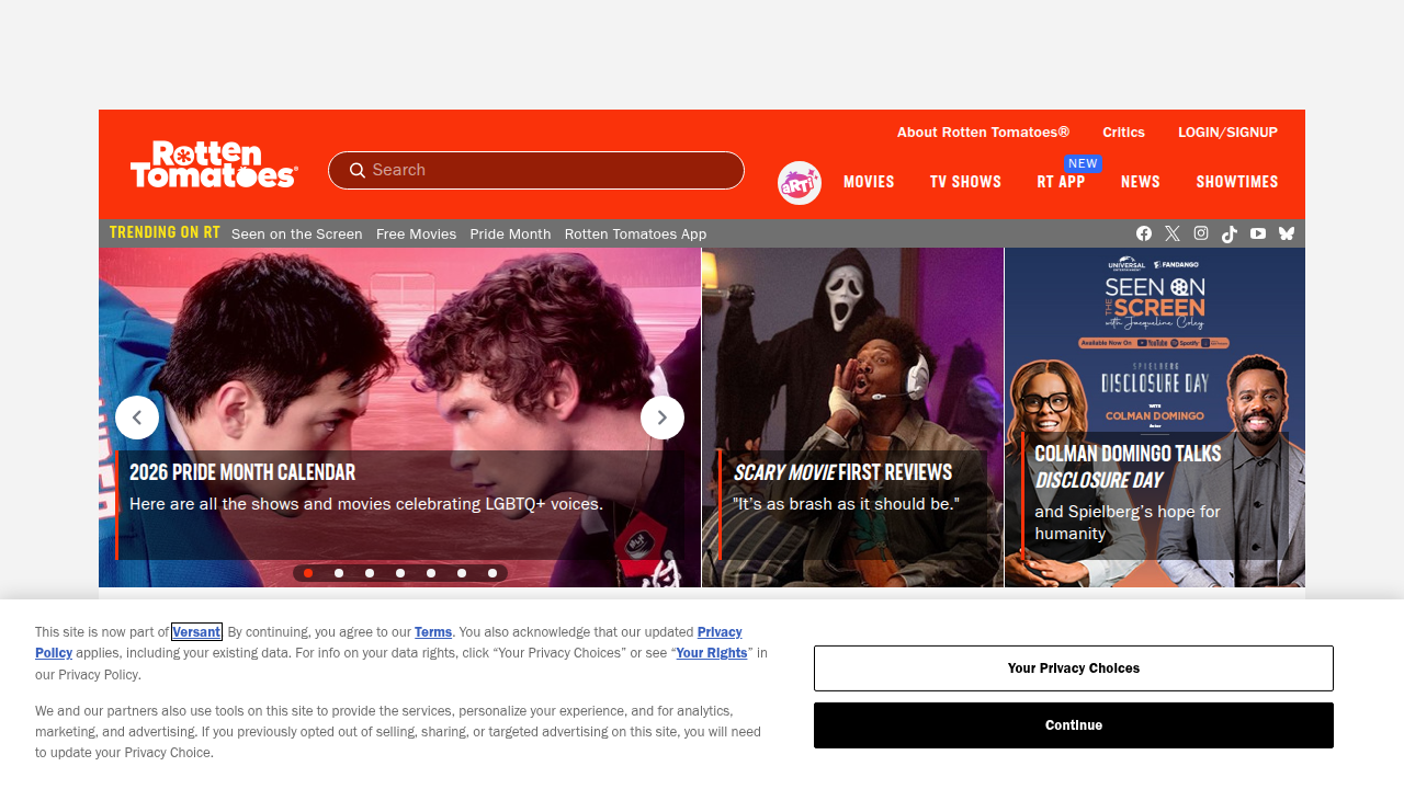 The homepage of Rotten Tomatoes, a popular site for movie reviews, ratings, and curated lists.