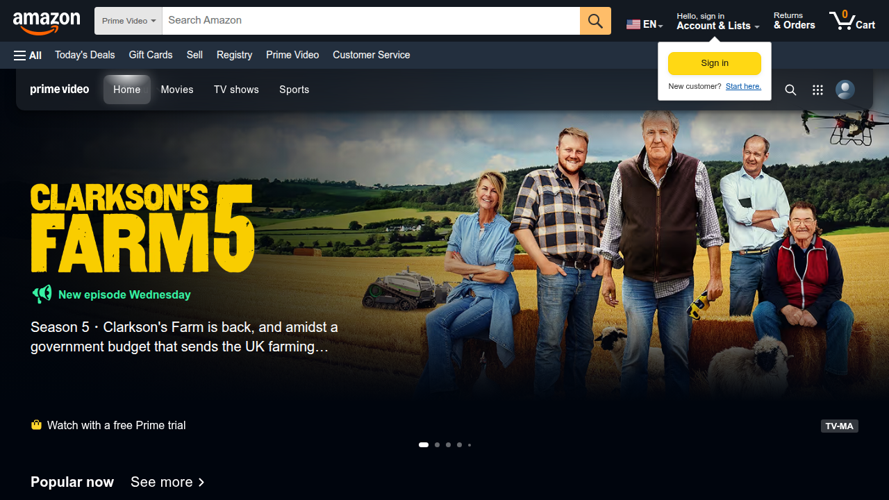 Amazon Prime Video's interface, a popular platform for streaming films and series.