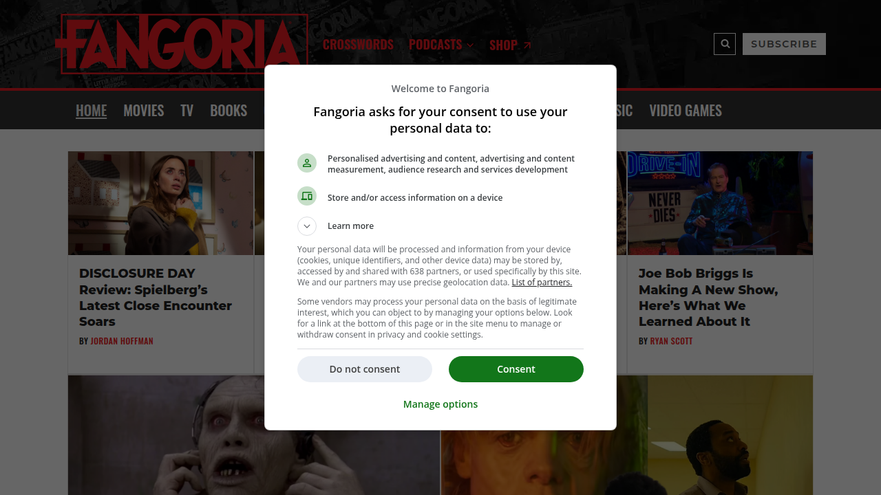 Screenshot of Fangoria homepage, a popular source for horror movie news, reviews, and streaming recommendations.