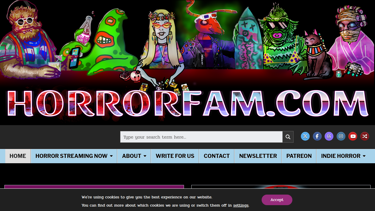 Screenshot of HorrorFam.com homepage, a site offering horror film recommendations and news.